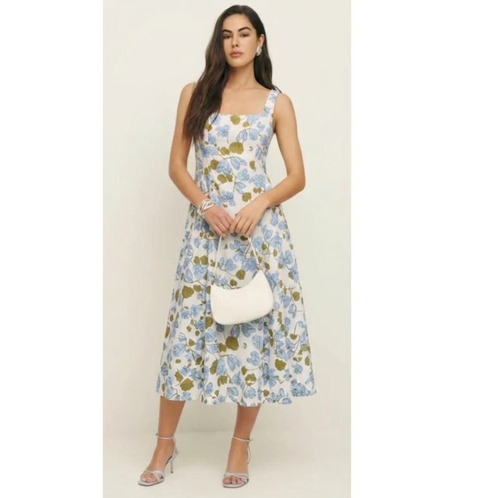 Joie Linen Blend Midi Dress Blue Floral Size 8 Romantic Cottage Core Shaby chic